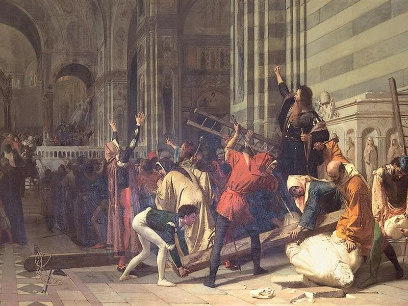 1834-Antonio Barzaghi Cattaneo - I repubblicani di Firenze condotti da Dante di Castiglione nella chiesa dell'Annunciata atterrano le statue dei Medici